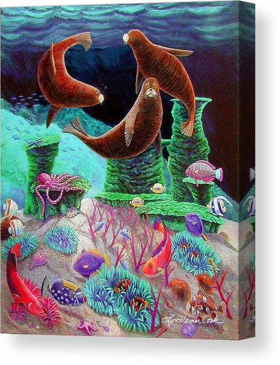 Sea Lions Canvas Print featuring the painting The Three Graces by Lyn Cook