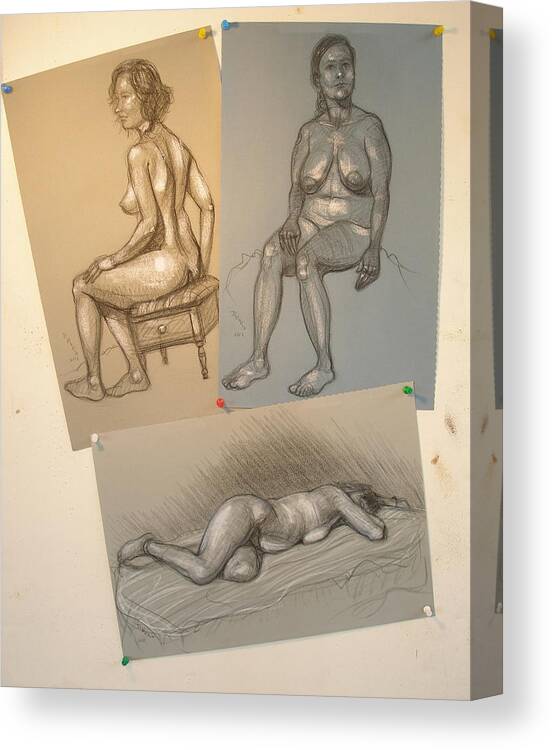 Realism Canvas Print featuring the drawing Three Nude Drawings by Donelli DiMaria