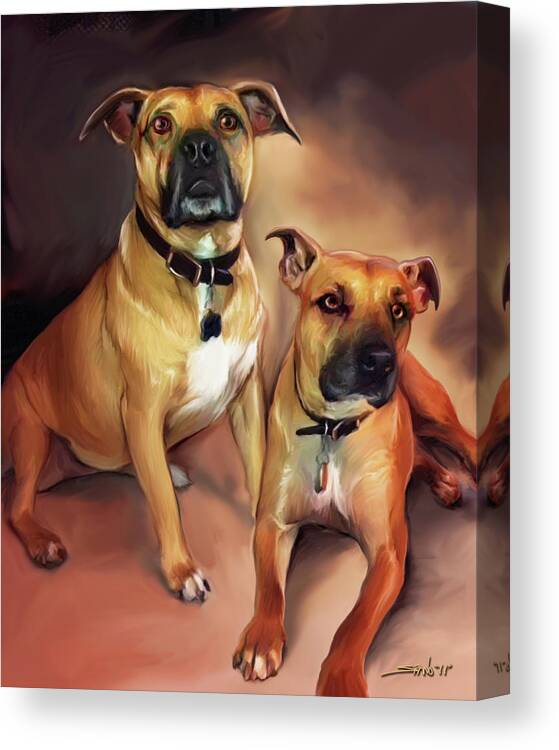 Dog Portrait Canvas Print featuring the painting Two Pit Bull Terriers by Michael Spano