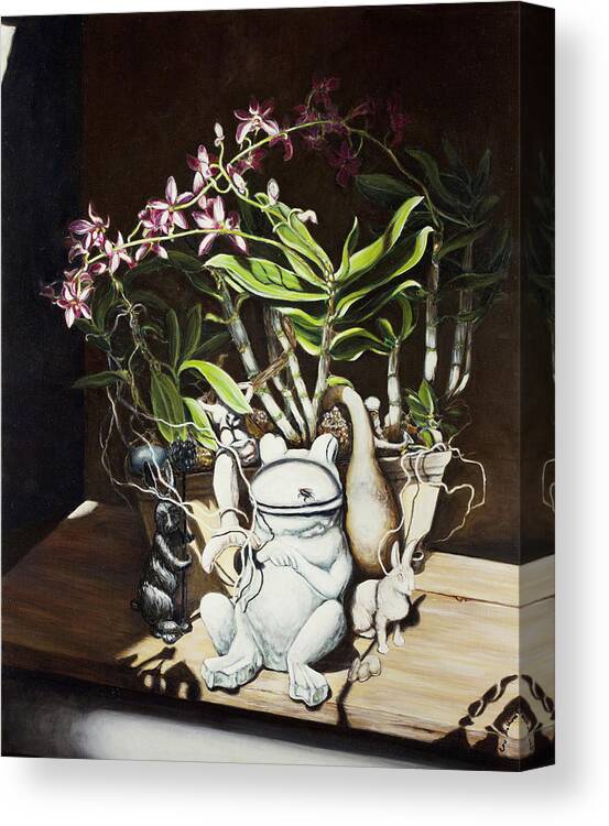 Still Life Canvas Print featuring the painting Fly Frog and Orchid #1 by Leo Malboeuf