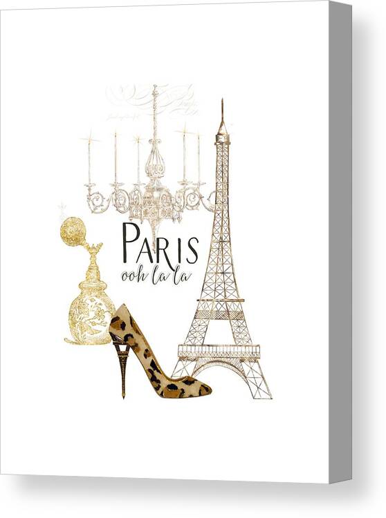 Fashion Canvas Print featuring the painting Paris - Ooh la la Fashion Eiffel Tower Chandelier Perfume Bottle by Audrey Jeanne Roberts