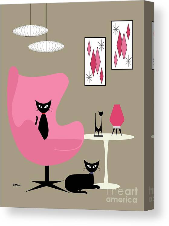  Canvas Print featuring the digital art Pink Egg Chair with Two Cats by Donna Mibus