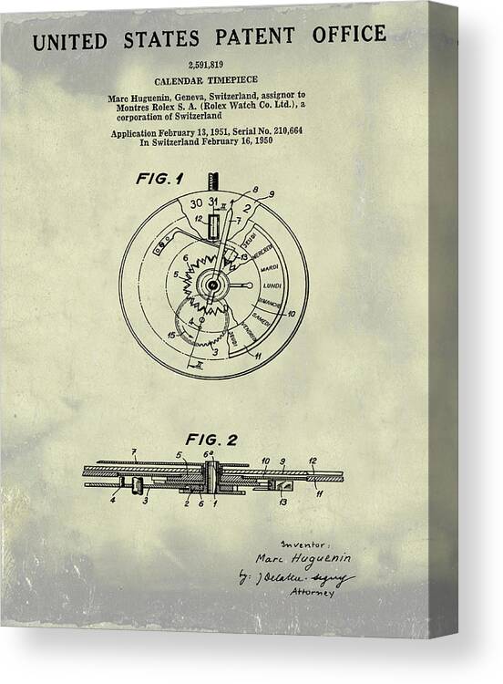 Rolex Watch Patent 1999 in Weathered Canvas Print / Canvas Art by Bill  Cannon - Fine Art America