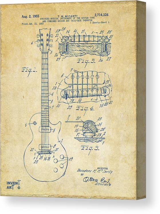 Guitar Canvas Print featuring the drawing 1955 McCarty Gibson Les Paul Guitar Patent Artwork Vintage by Nikki Marie Smith