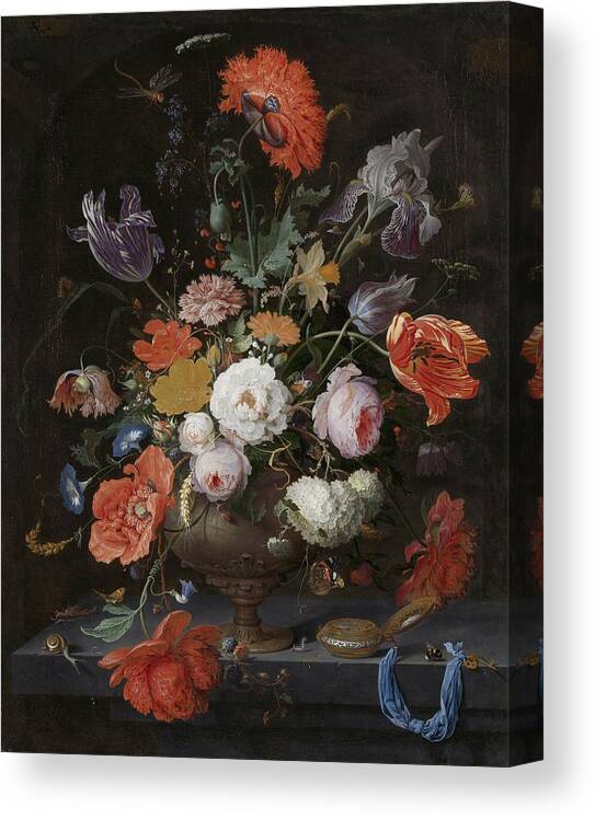 Still Life With Flowers And A Watch Canvas Print featuring the painting Still Life with Flowers and a Watch #2 by Celestial Images