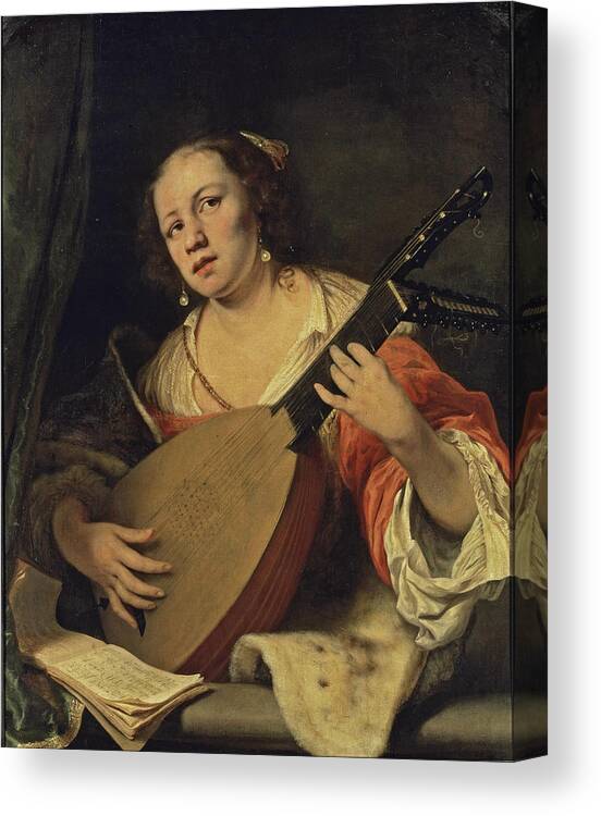 Ferdinand Bol Canvas Print featuring the painting A Lady Playing the Lute by Ferdinand Bol