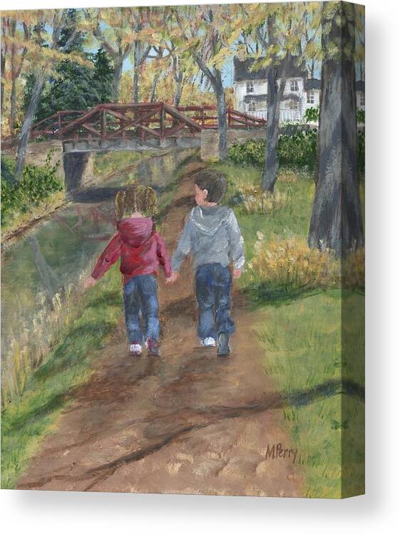 Friends Canvas Print featuring the painting A Walk Along the Canal by Margie Perry