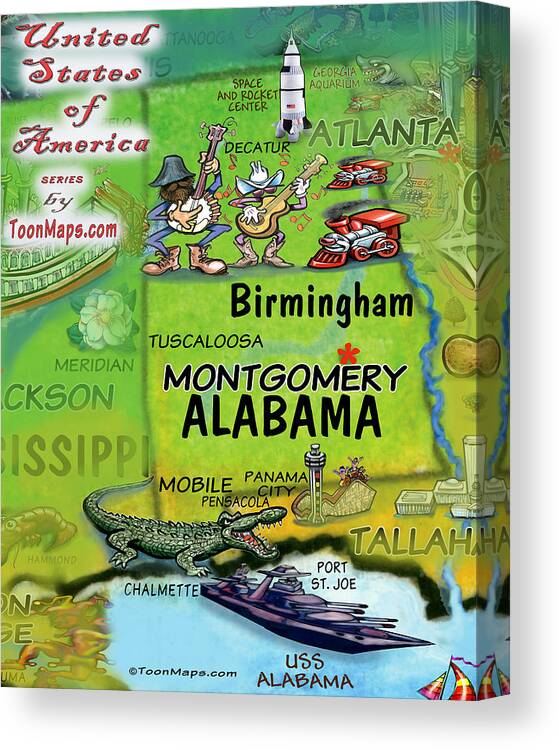 Alabama Canvas Print featuring the digital art Alabama Fun Map by Kevin Middleton
