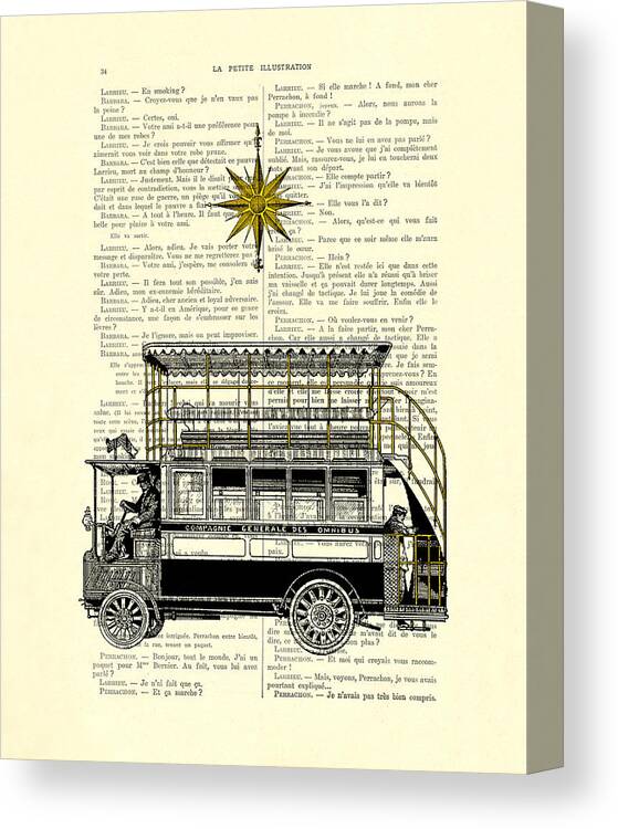 Bus Canvas Print featuring the digital art Double-decker bus vintage illustration dictioanry art by Madame Memento