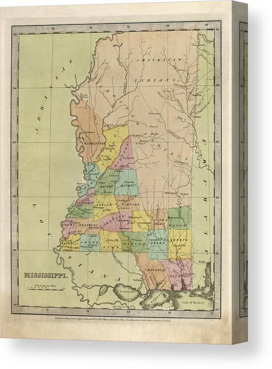Mississippi Canvas Print featuring the drawing Antique Map of Mississippi by David Burr - 1835 by Blue Monocle