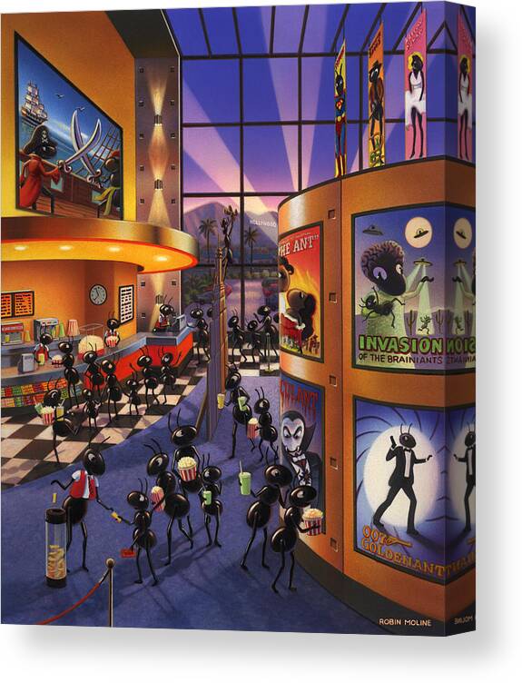 Ants. Ant Farm Characters Canvas Print featuring the painting Ants at the Movie Theatre by Robin Moline