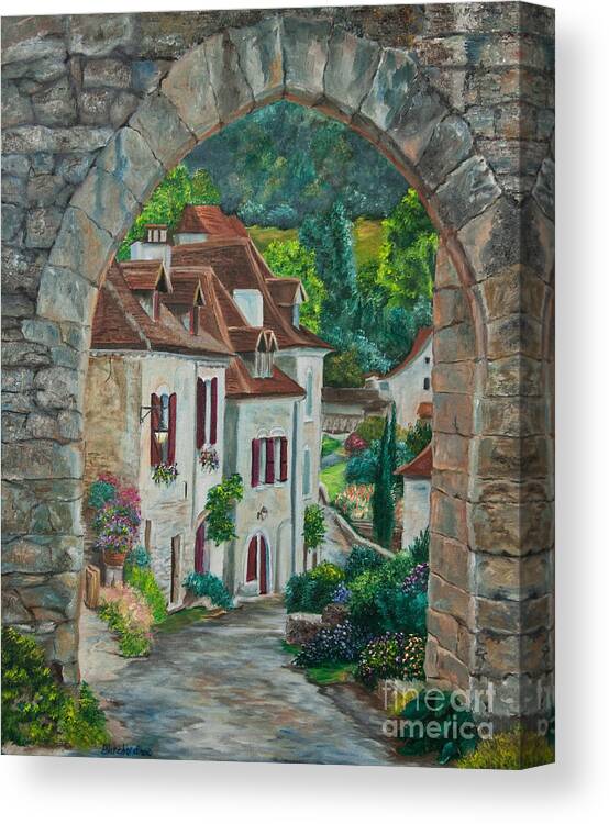St. Cirq In Lapopie France Canvas Print featuring the painting Arch Of Saint-Cirq-Lapopie by Charlotte Blanchard