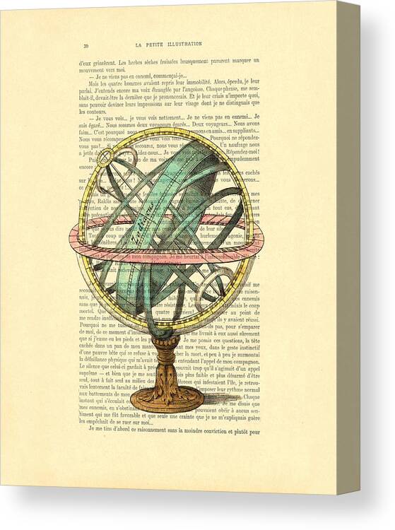 Armillary Sphere Canvas Print featuring the digital art Armillary Sphere In Color Antique Illustration On Book Page by Madame Memento