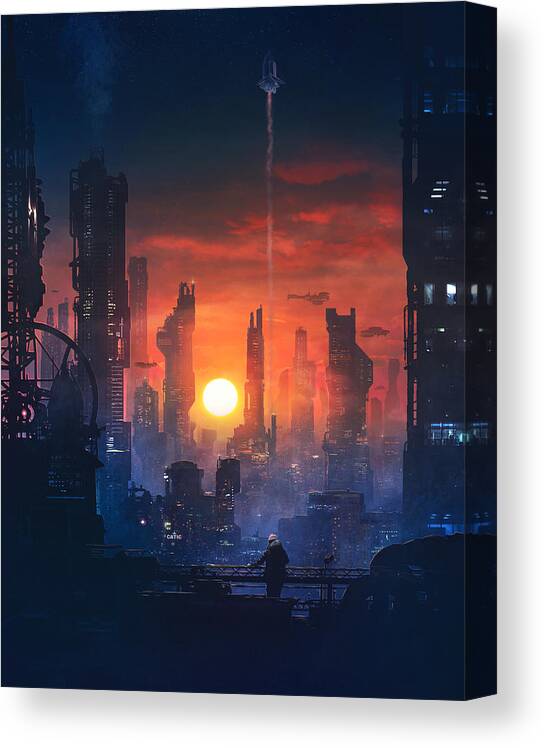 Scifi Canvas Print featuring the painting Barcelona Smoke and Neons The End by Guillem H Pongiluppi