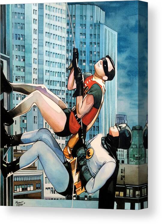 Batman Canvas Print featuring the painting Batman and Robin Scaling the Wall by Michael Pattison