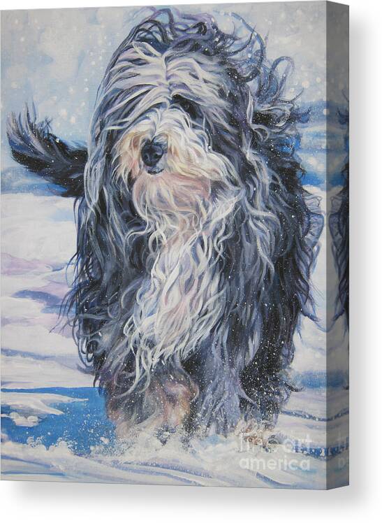Bearded Collie Canvas Print featuring the painting Bearded Collie in Snow by Lee Ann Shepard