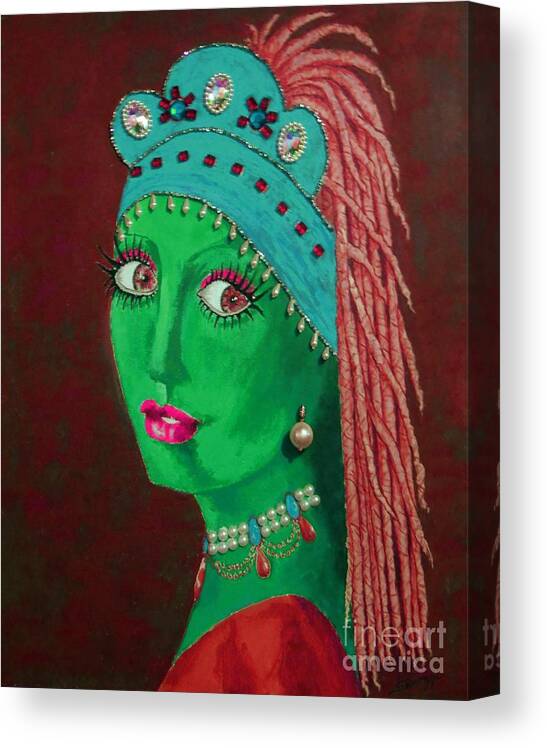 Iconic Painting Canvas Print featuring the painting Belly Dancer With a Pearl Earring -- Red Background by Jayne Somogy