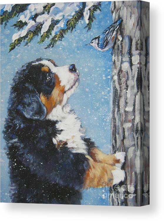 Bernese Mountain Dog Canvas Print featuring the painting bernese Mountain Dog puppy and nuthatch by Lee Ann Shepard
