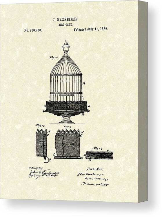 Maxheimer Canvas Print featuring the drawing Bird Cage 1882 Patent Art by Prior Art Design