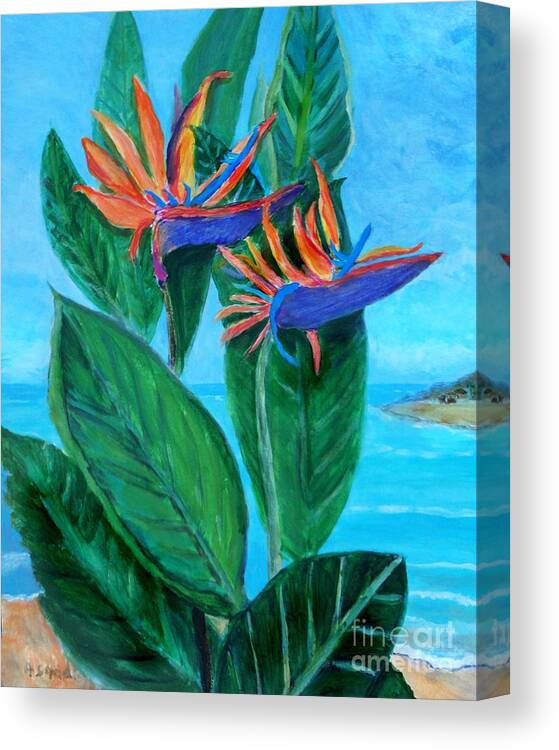 Flower Bird Of Paradise Beach Aqua Tropical Canvas Print featuring the painting Bird Of Paradise in Paradise by Anne Sands
