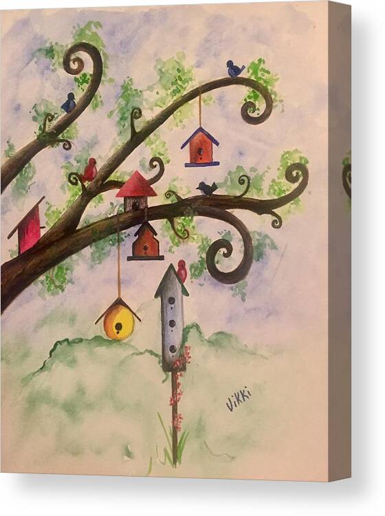 Birdhouse Canvas Print featuring the painting Birdhouses by Vikki Angel