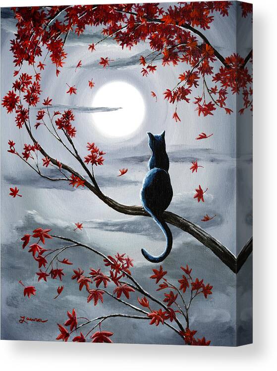Zen Canvas Print featuring the painting Black Cat in Silvery Moonlight by Laura Iverson