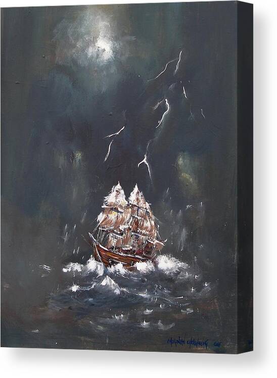 Black Storm Ship Canvas Wave Night Sea Ocean Thunderstorm Seascape Painting Print Moon Light Lightning Danger Boat Sail Water Shore Sailing Element Nautical Navigate Sail Cloth Canvas Print featuring the painting Black Storm by Miroslaw Chelchowski