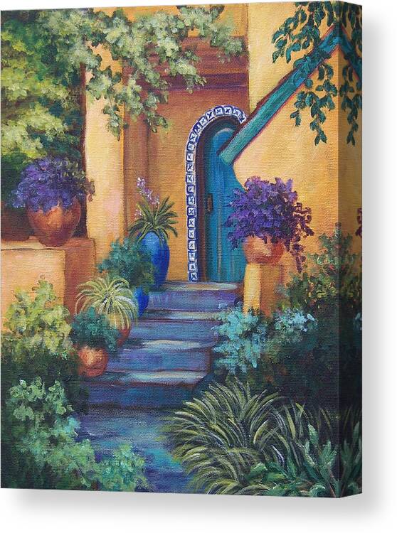 Adobe House Canvas Print featuring the painting Blue Tile Steps by Candy Mayer