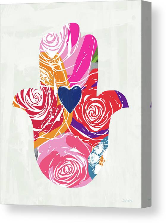Floral Canvas Print featuring the mixed media Bold Floral Hamsa- Art by Linda Woods by Linda Woods