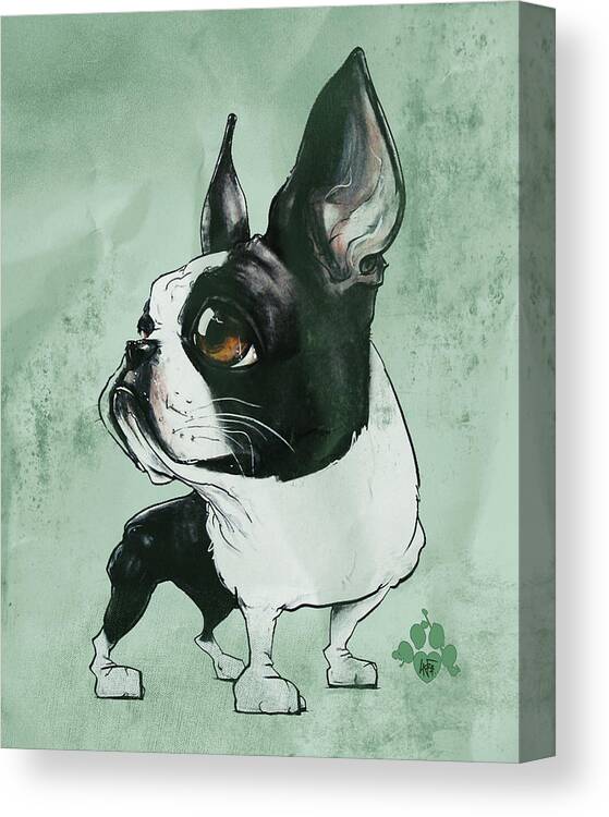 Boston Terrier Canvas Print featuring the drawing Boston Terrier - Green by Canine Caricatures By John LaFree