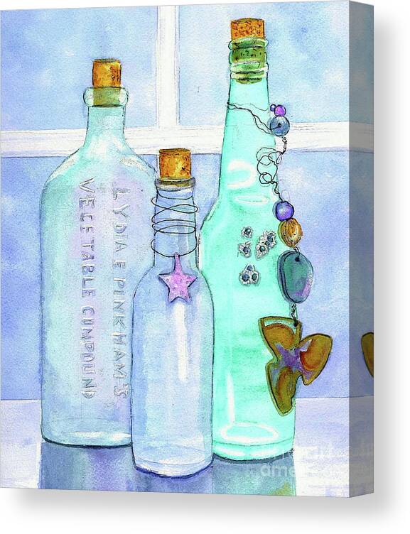 Bottles Canvas Print featuring the painting Bottles with Barnacles by Midge Pippel
