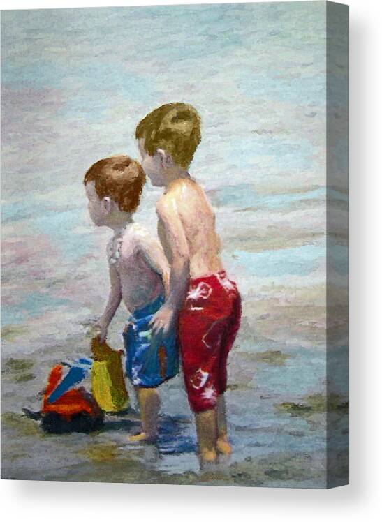 Water Painting Canvas Print featuring the painting Boys On The Beach by Lamarr Kramer