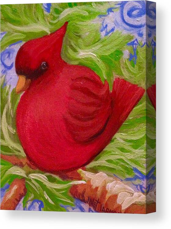 Red Canvas Print featuring the painting Brrr Bird by Jeanette Jarmon