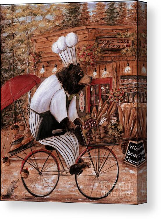 Rustic Cabin Kitchen Canvas Print featuring the painting Cabin Kitchen - Bear On Bike - 'Chef Bear-nard' by Debbie Cerone
