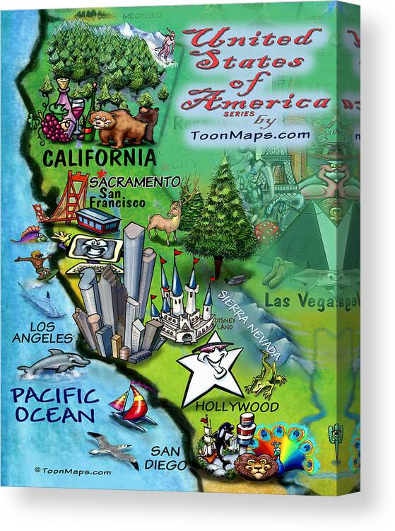 California Canvas Print featuring the digital art California Fun Map by Kevin Middleton