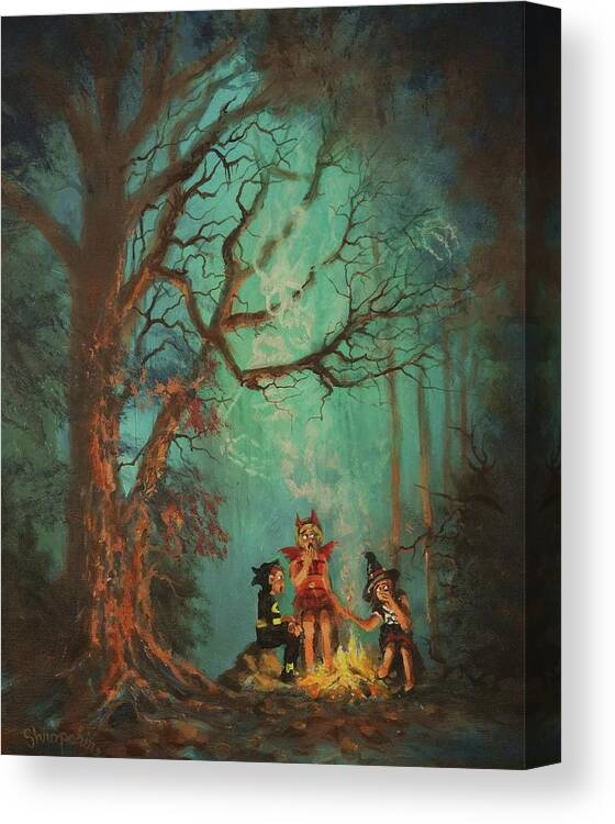 Halloween Canvas Print featuring the painting Campfire Ghost by Tom Shropshire