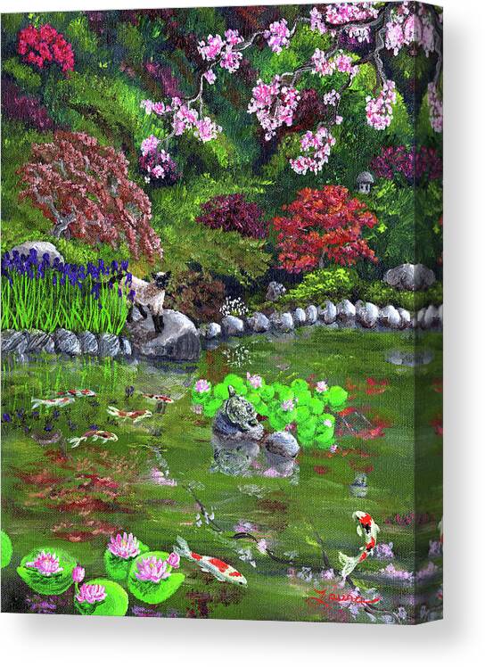 Zen Canvas Print featuring the painting Cat Turtle and Water Lilies by Laura Iverson