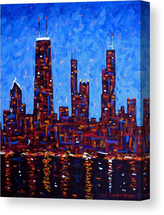 Night Painting Canvas Print featuring the painting Chicago Skyline at Night from North Avenue Pier - vertical by J Loren Reedy