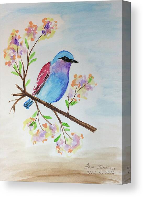 Watercolor Canvas Print featuring the painting Chickadee on a branch by Martin Valeriano