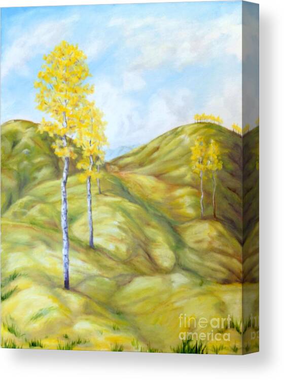 Hills Trees Poplar Leaves Yellow Brown Orange Blue White Grey Violet Green Light Shadow Clouds Sky Landscape Mountains Bark Branches Grass Ground Canvas Print featuring the painting Chilcotin View by Ida Eriksen