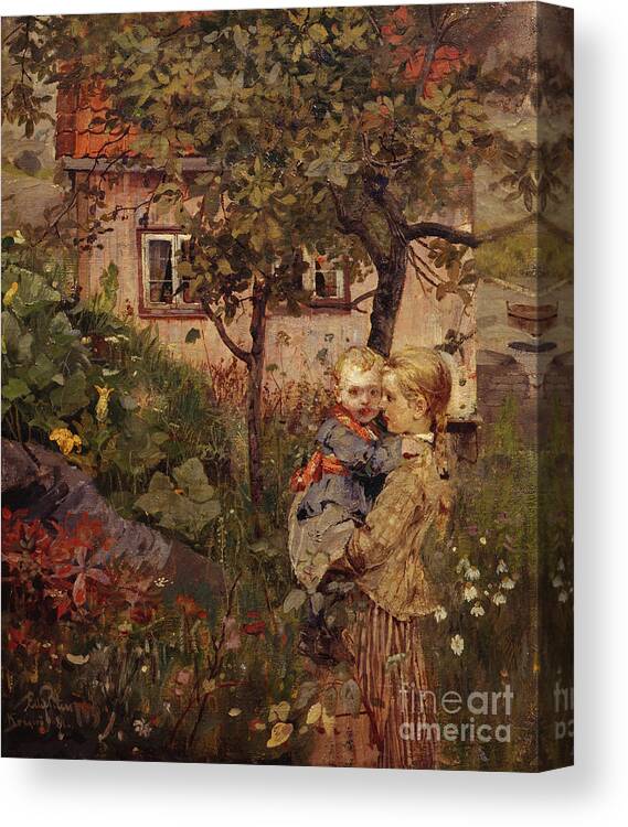 Eilif Peterssen Canvas Print featuring the painting Children in the garden by Eilif Peterssen