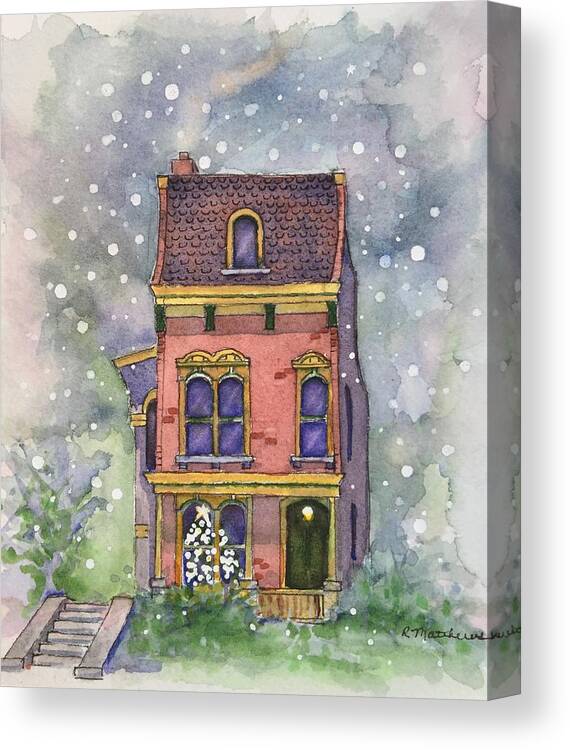 Watercolor Christmas Card Canvas Print featuring the painting Christmas on North Hill by Rebecca Matthews