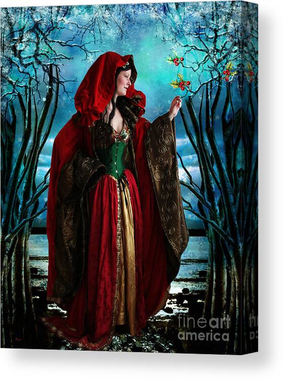 Holiday Christmas Winter December 25 December Holly Red Cape Red Blue Woman Forest Outdoors Nature Canvas Print featuring the mixed media Christmas Queen by Tammera Malicki-Wong