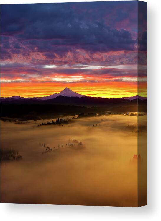 Sandy River Canvas Print featuring the photograph Colorful Foggy Sunrise over Sandy River Valley by David Gn