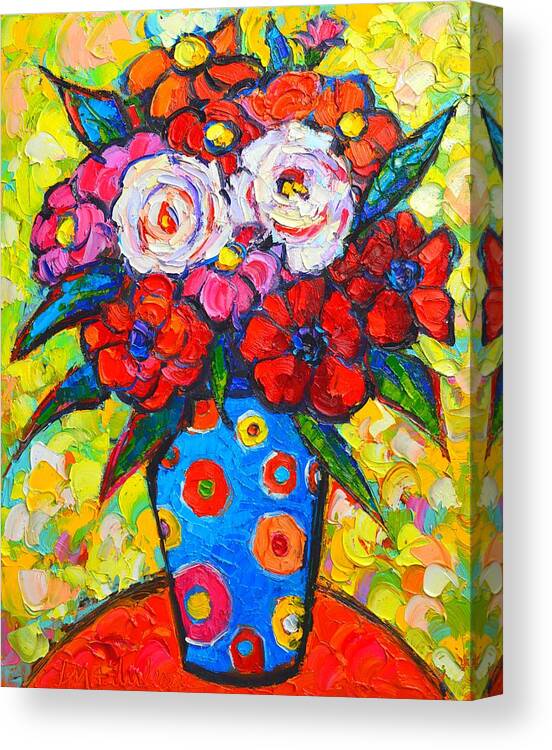 Roses Canvas Print featuring the painting Colorful Wild Roses Bouquet - Original Impressionist Oil Painting by Ana Maria Edulescu