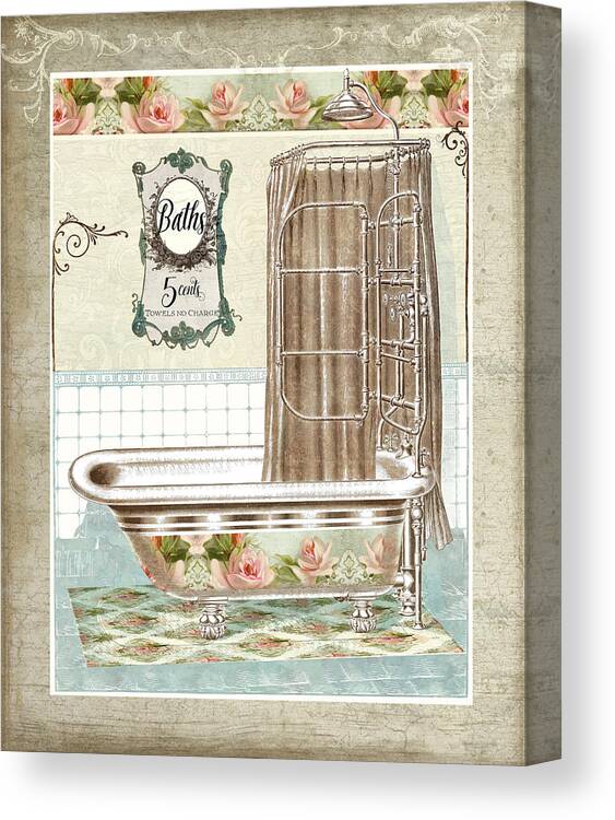 Vintage Canvas Print featuring the painting Cottage Roses - Victorian Claw Foot Tub Bathroom Art by Audrey Jeanne Roberts
