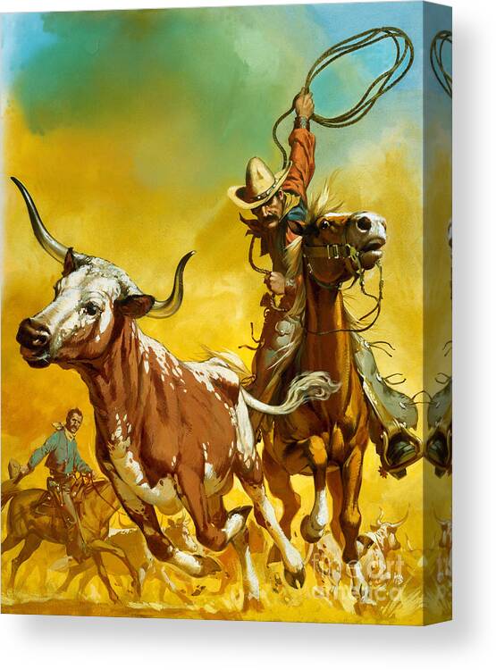 Cowboy Canvas Print featuring the painting Cowboy lassoing cattle by Angus McBride