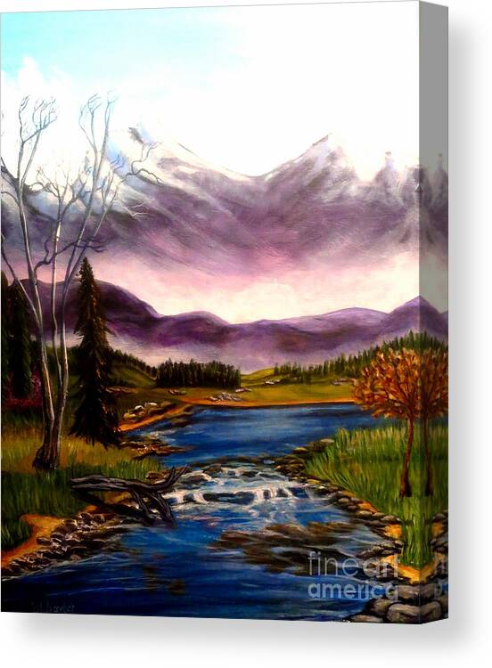 Backdrop Of Purple Misted Snow Capped Mountains Blue Skies With Light Clouds Golden Green Rolling Hills With Evergreen Trees Crystal Blue Water With Fast Moving Stream And Waterfall With Rocks And Driftwood Landscape Paintings Water Paintings Mountain Scene Paintings Acrylic Paintings Canvas Print featuring the painting Crystal Lake with Snow Capped Mountains by Kimberlee Baxter