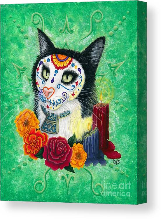 Dia De Los Muertos Gato Canvas Print featuring the painting Day of the Dead Cat Candles - Sugar Skull Cat by Carrie Hawks