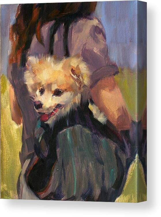 Dog Canvas Print featuring the painting Dog in a Backpack by Merle Keller